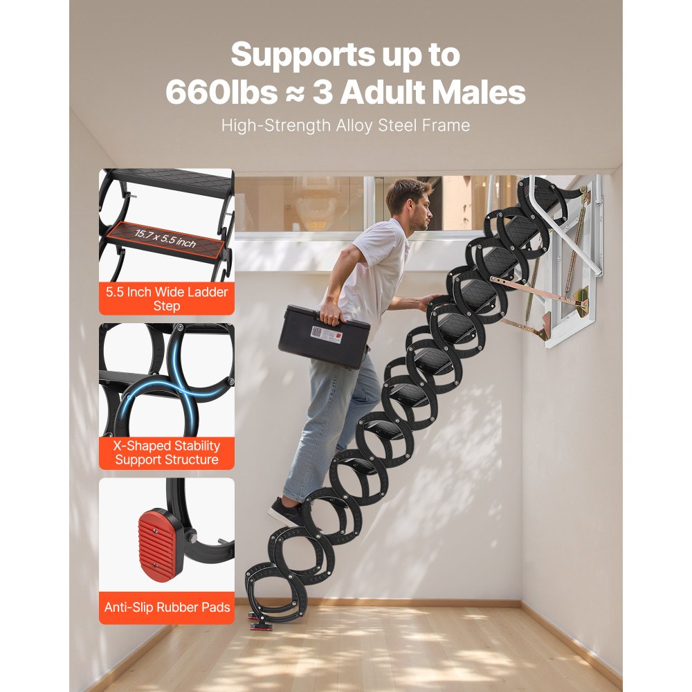 VEVOR 660 lb load capacity attic ladder lifestyle image with feature callouts