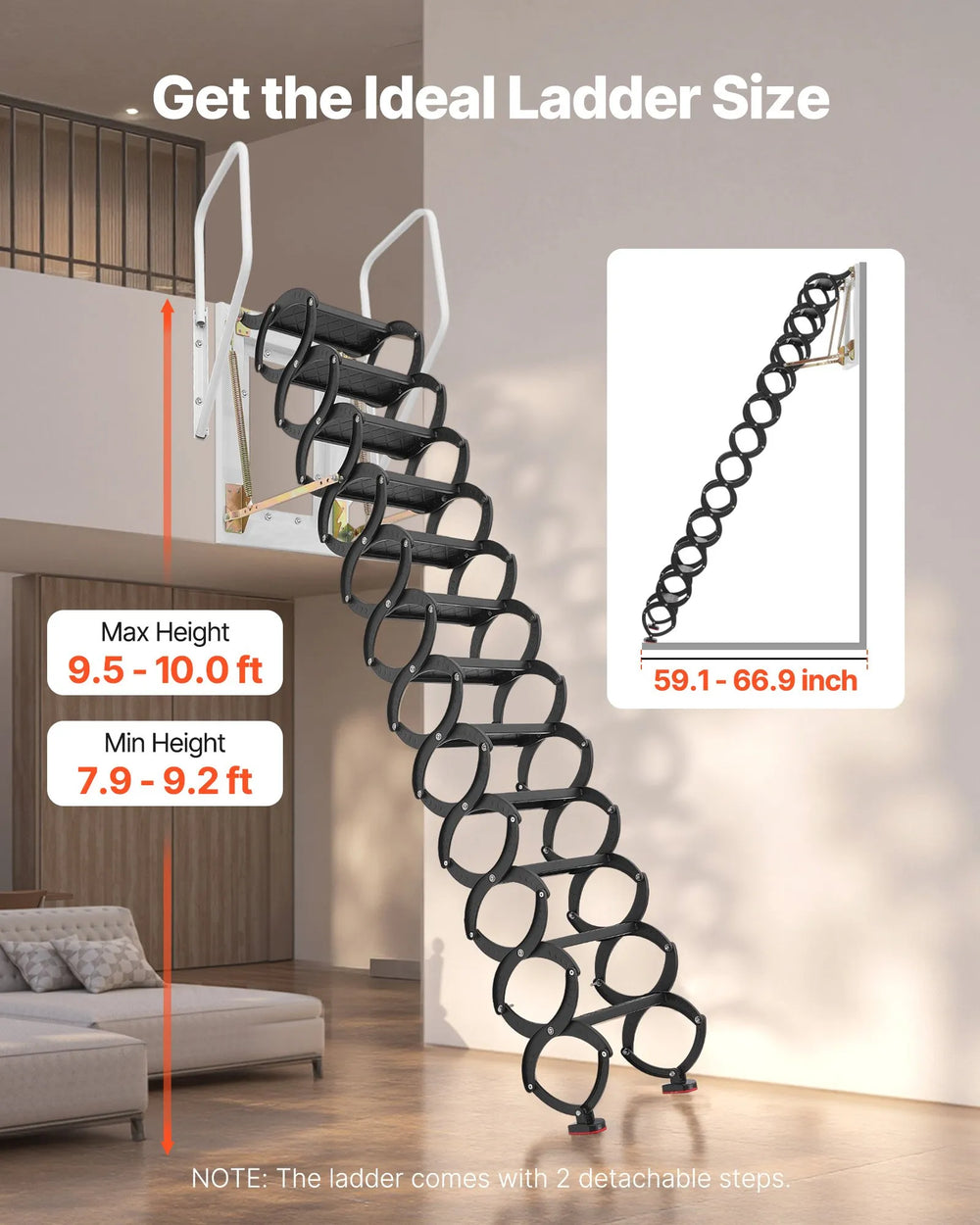 VEVOR wall-mounted attic ladder size/height range infographic (9.5–10.0 ft max height, 7.9–9.2 ft min height)