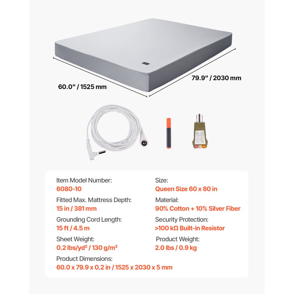 VEVOR Grounding Sheets, Queen Size, 90% Cotton + 10% Pure Silver Fiber, Earth Grounded Fitted Bed Sheets, with Grounding Cord & Tester, for Improved Sleep & Wellness (Gray, Queen - 60 x 80 x 15 in)