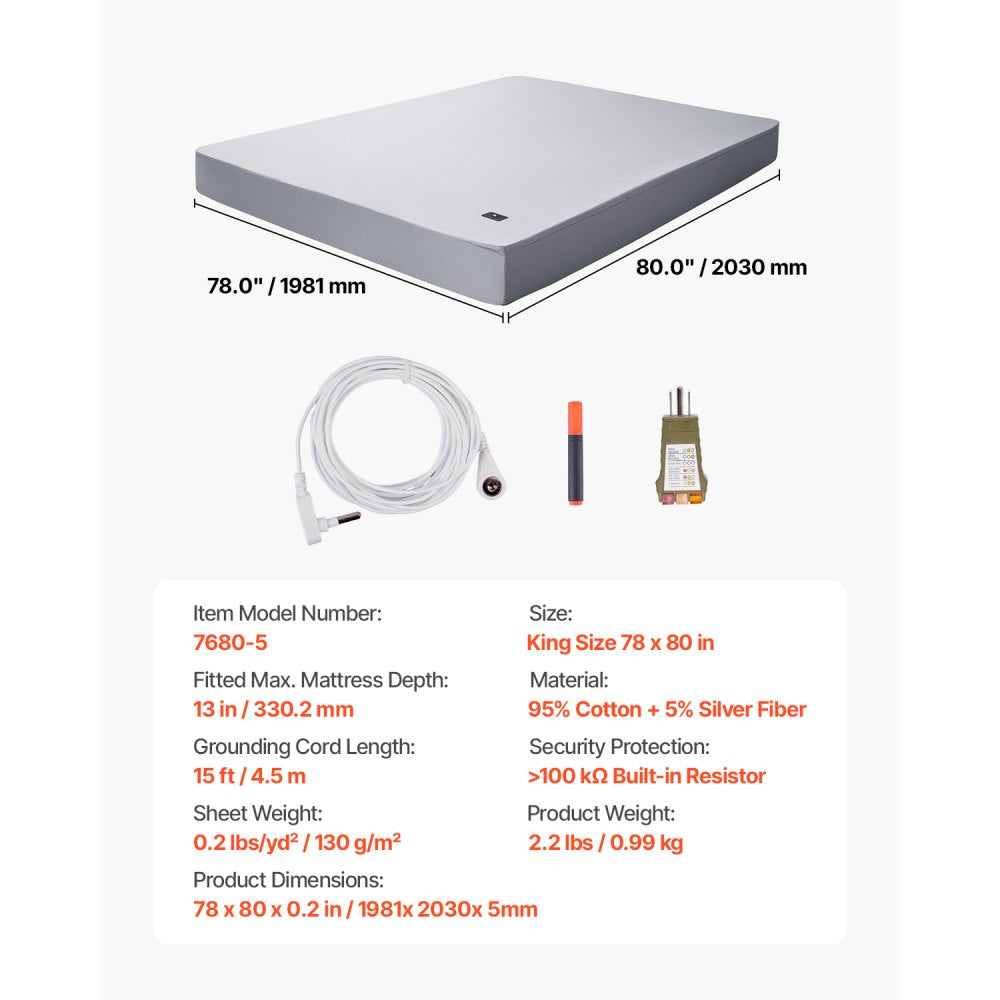 VEVOR Grounding Sheets, King Size, 95% Cotton + 5% Pure Silver Fiber, Earth Grounded Fitted Bed Sheets, with Grounding Cord & Tester, for Improved Sleep & Wellness (Gray, King - 78 x 80 x 13 in)