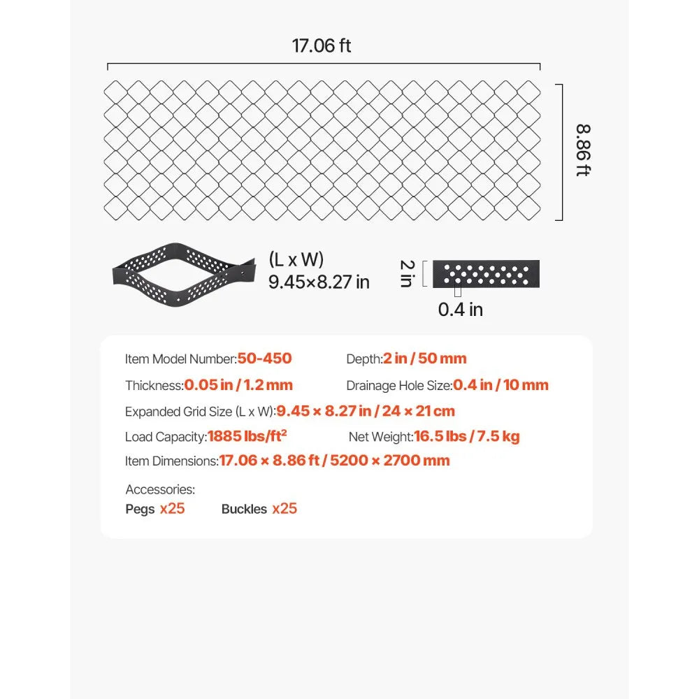 VEVOR Gravel Grid, 2 Inch Depth, 17.06 x 8.86 FT / 5200 x 2700 mm, 1880 LBS Per Sq ft Grass Ground Retainer, Permeable Geo Grids Driveway Stabilization, for Garden, Patio, Walkway, RV Parking Slopes
