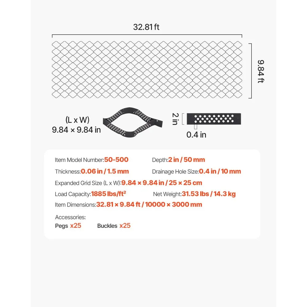 VEVOR Gravel Grid, 2 Inch Depth, 32.81 x 9.84 FT / 10000 x 3000 mm, 1880 LBS Per Sq ft Grass Ground Retainer, Permeable Geo Grids Driveway Stabilization, for Garden, Patio, Walkway, RV Parking Slopes