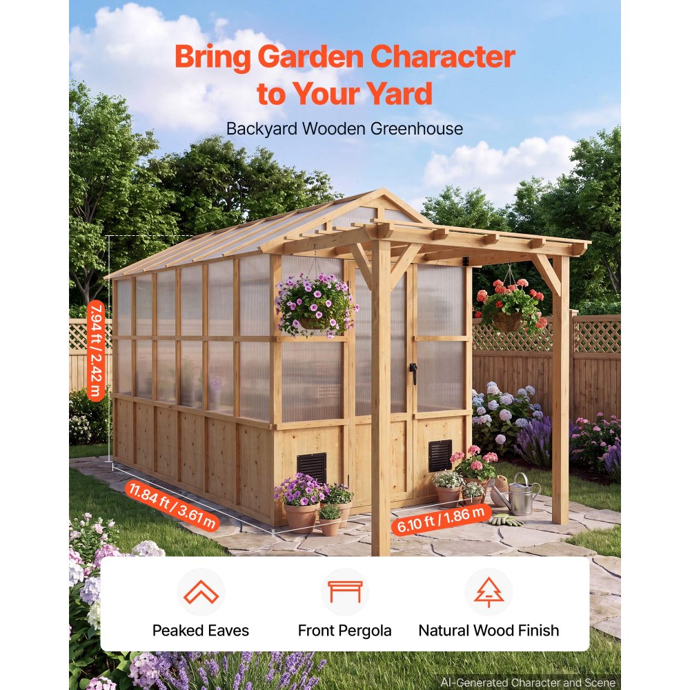 VEVOR Wooden Greenhouse 6'x12' Fir Wood Walk-In Greenhouse Kit with Pergola, for Outdoor Garden Backyard, Heavy Duty Green House with Polycarbonate Panels, Foldable Shelves, Tool Rails & Lockable Door