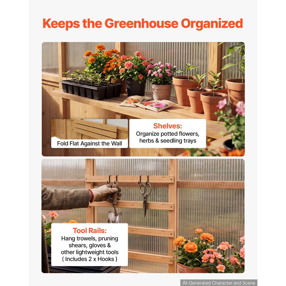 VEVOR Wooden Greenhouse 6'x12' Fir Wood Walk-In Greenhouse Kit with Pergola, for Outdoor Garden Backyard, Heavy Duty Green House with Polycarbonate Panels, Foldable Shelves, Tool Rails & Lockable Door