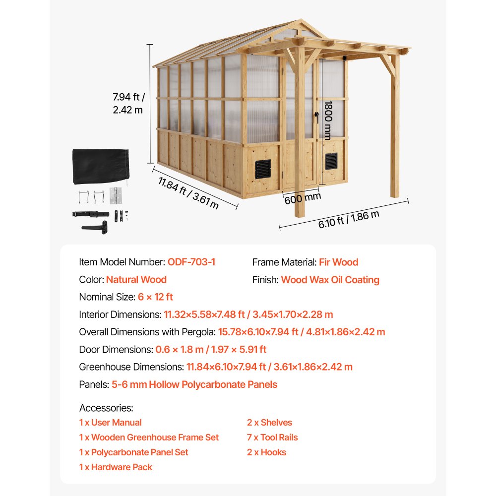 VEVOR Wooden Greenhouse 6'x12' Fir Wood Walk-In Greenhouse Kit with Pergola, for Outdoor Garden Backyard, Heavy Duty Green House with Polycarbonate Panels, Foldable Shelves, Tool Rails & Lockable Door