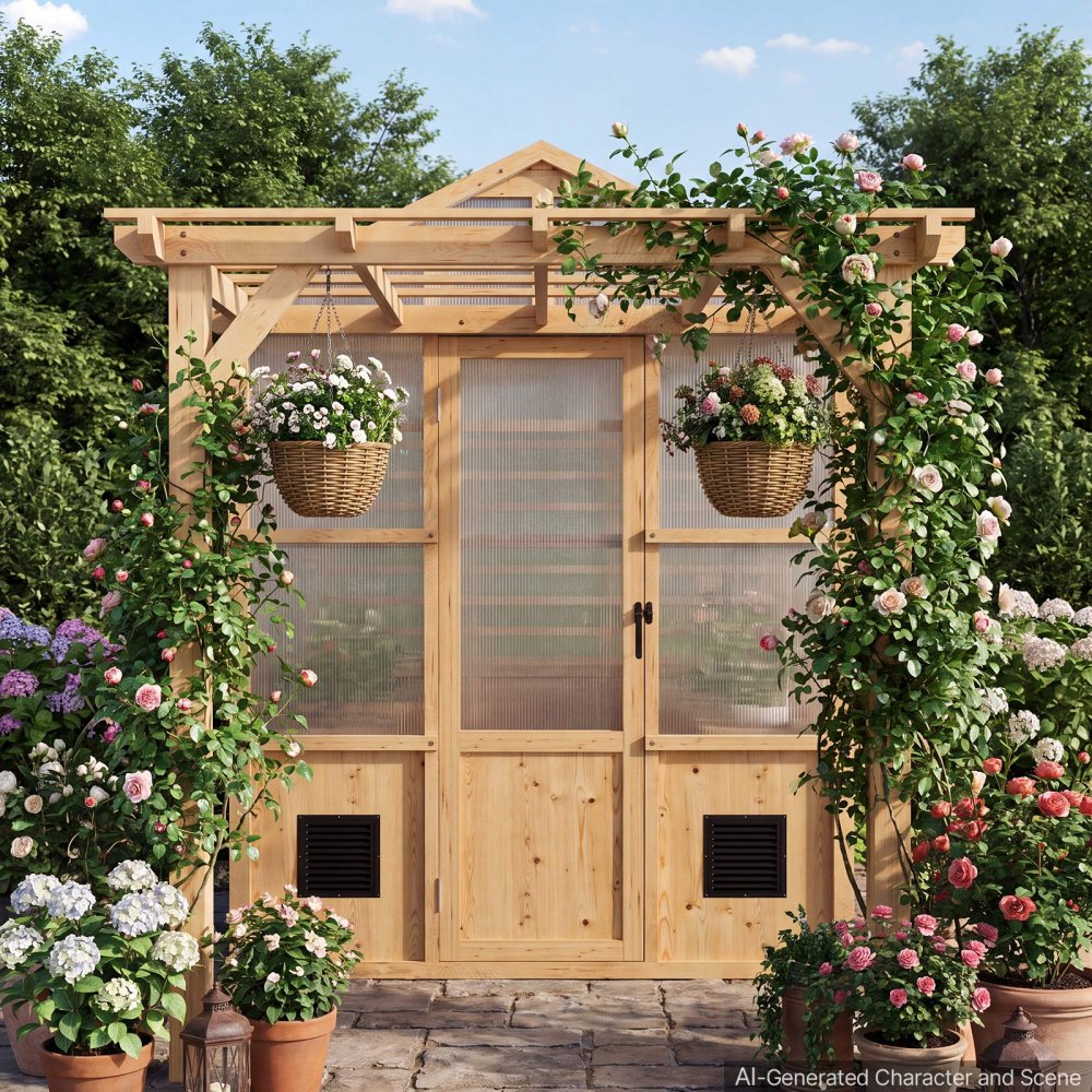 VEVOR Wooden Greenhouse 6'x12' Fir Wood Walk-In Greenhouse Kit with Pergola, for Outdoor Garden Backyard, Heavy Duty Green House with Polycarbonate Panels, Foldable Shelves, Tool Rails & Lockable Door