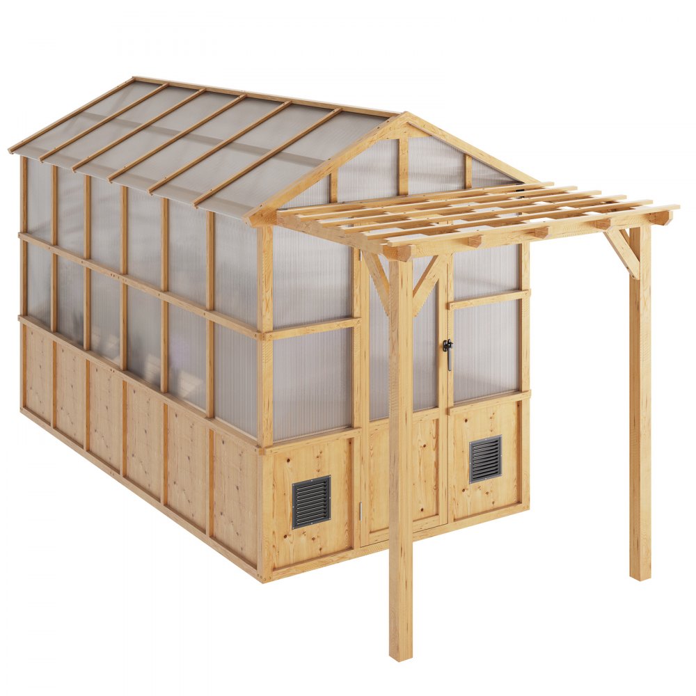VEVOR Wooden Greenhouse 6'x12' Fir Wood Walk-In Greenhouse Kit with Pergola, for Outdoor Garden Backyard, Heavy Duty Green House with Polycarbonate Panels, Foldable Shelves, Tool Rails & Lockable Door