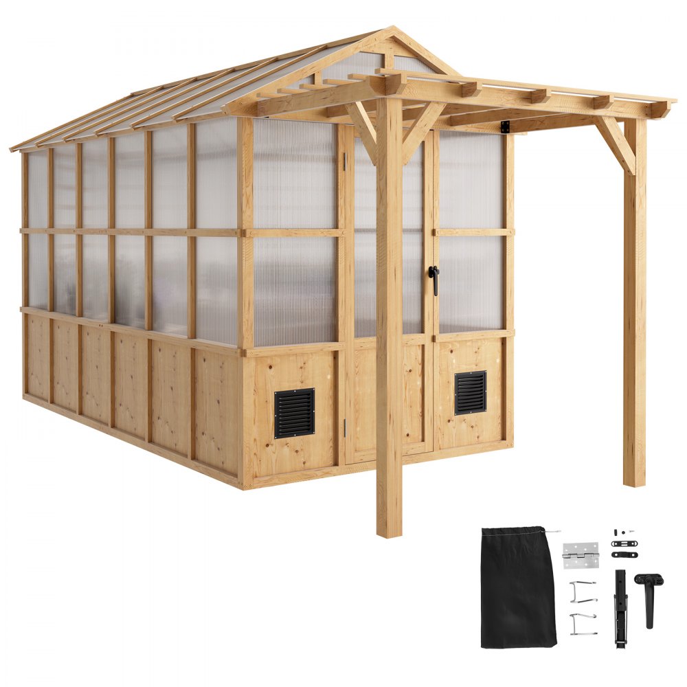 VEVOR Wooden Greenhouse 6'x12' Fir Wood Walk-In Greenhouse Kit with Pergola, for Outdoor Garden Backyard, Heavy Duty Green House with Polycarbonate Panels, Foldable Shelves, Tool Rails & Lockable Door