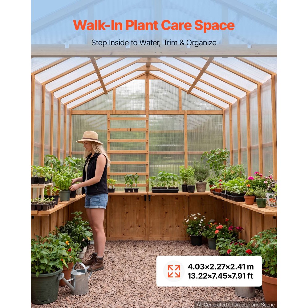 VEVOR Wooden Greenhouse 8'x14' Fir Wood Walk-In Greenhouse Kit with Pergola, for Outdoor Garden Backyard, Heavy Duty Green House with Polycarbonate Panels, Foldable Shelves, Tool Rails & Lockable Door