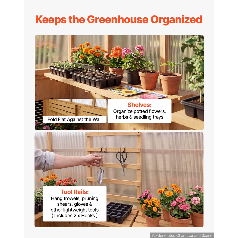 VEVOR Wooden Greenhouse 8'x14' Fir Wood Walk-In Greenhouse Kit with Pergola, for Outdoor Garden Backyard, Heavy Duty Green House with Polycarbonate Panels, Foldable Shelves, Tool Rails & Lockable Door