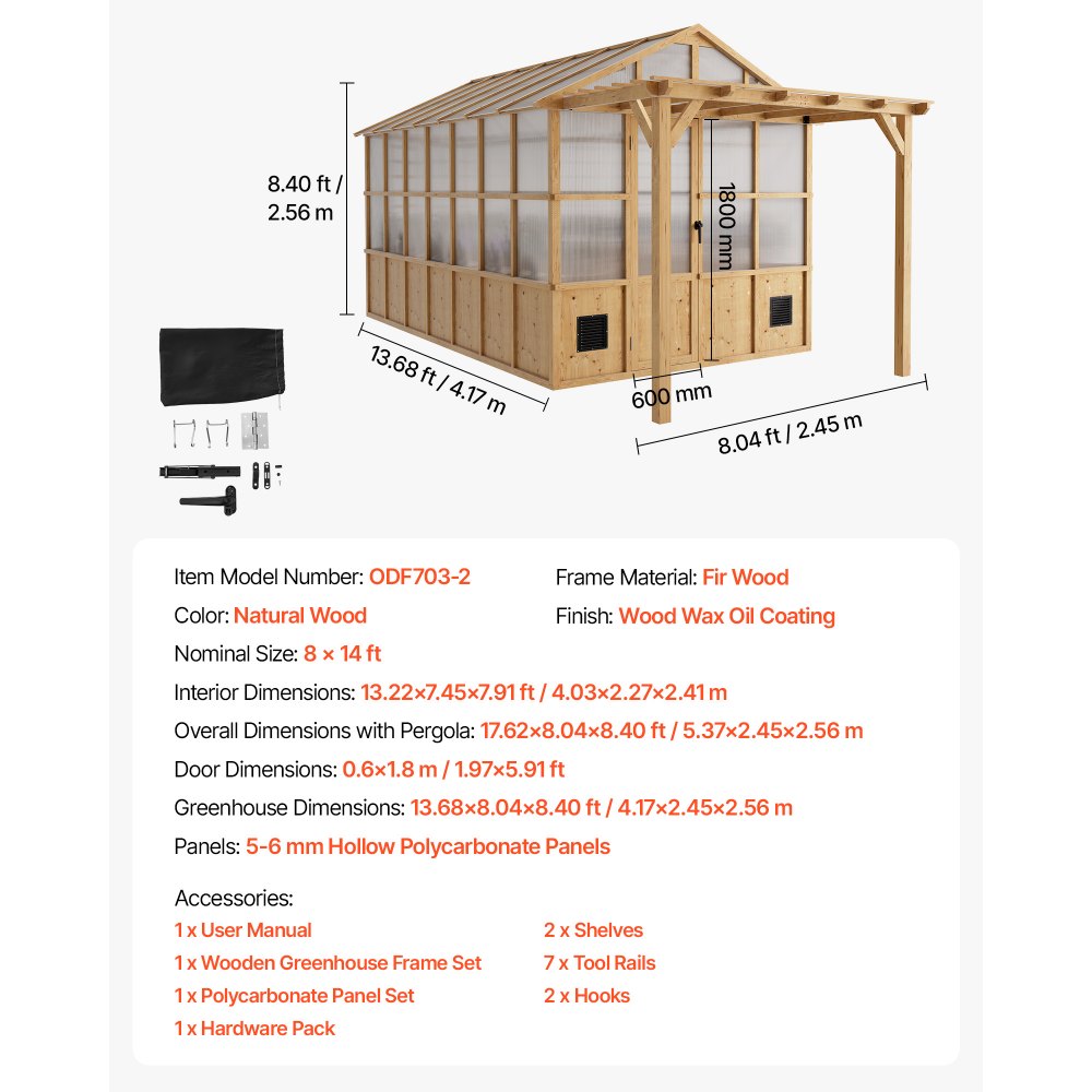 VEVOR Wooden Greenhouse 8'x14' Fir Wood Walk-In Greenhouse Kit with Pergola, for Outdoor Garden Backyard, Heavy Duty Green House with Polycarbonate Panels, Foldable Shelves, Tool Rails & Lockable Door