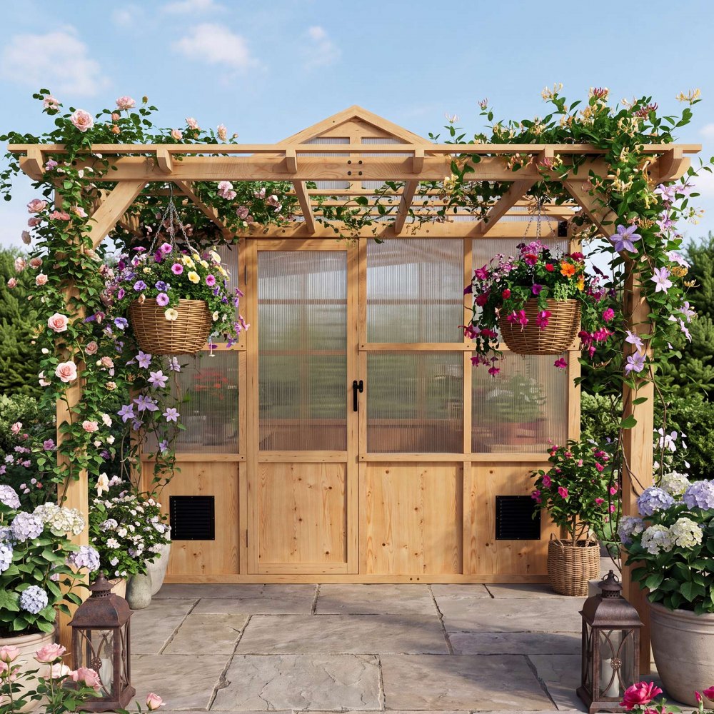 VEVOR Wooden Greenhouse 8'x14' Fir Wood Walk-In Greenhouse Kit with Pergola, for Outdoor Garden Backyard, Heavy Duty Green House with Polycarbonate Panels, Foldable Shelves, Tool Rails & Lockable Door
