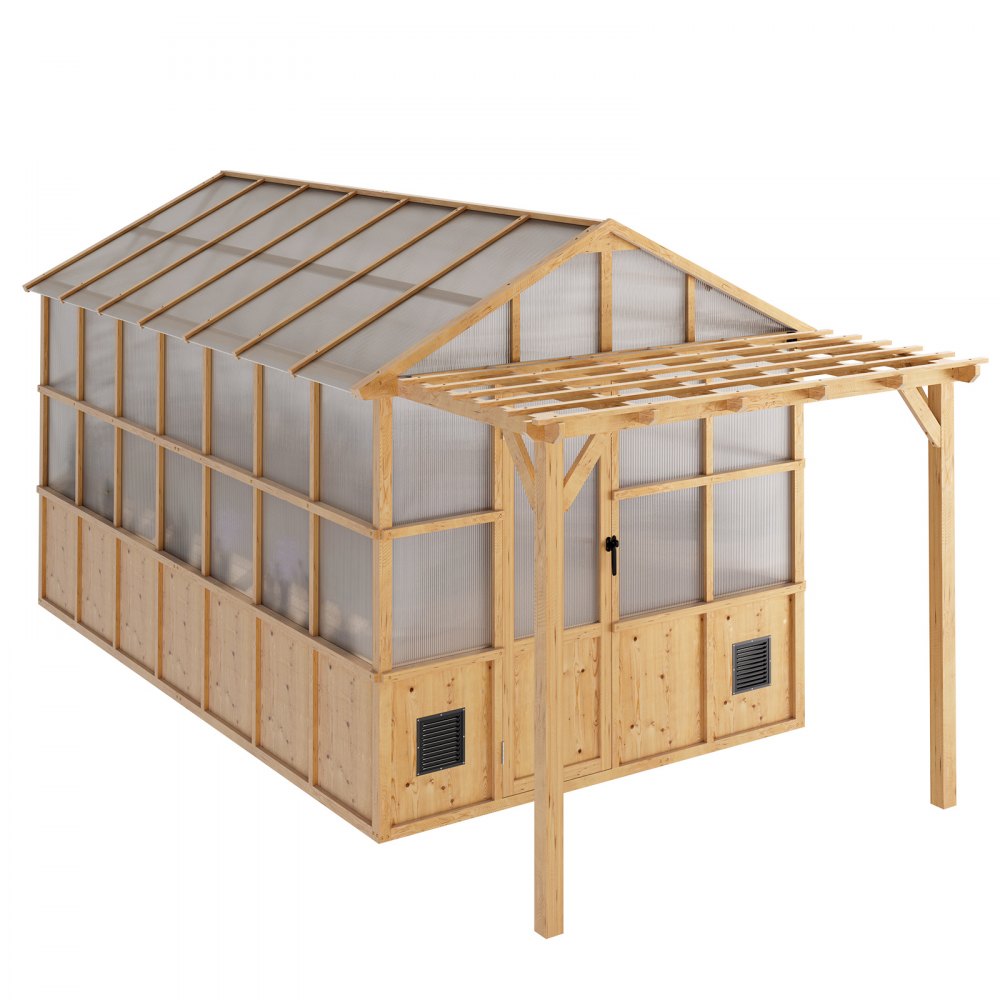 VEVOR Wooden Greenhouse 8'x14' Fir Wood Walk-In Greenhouse Kit with Pergola, for Outdoor Garden Backyard, Heavy Duty Green House with Polycarbonate Panels, Foldable Shelves, Tool Rails & Lockable Door