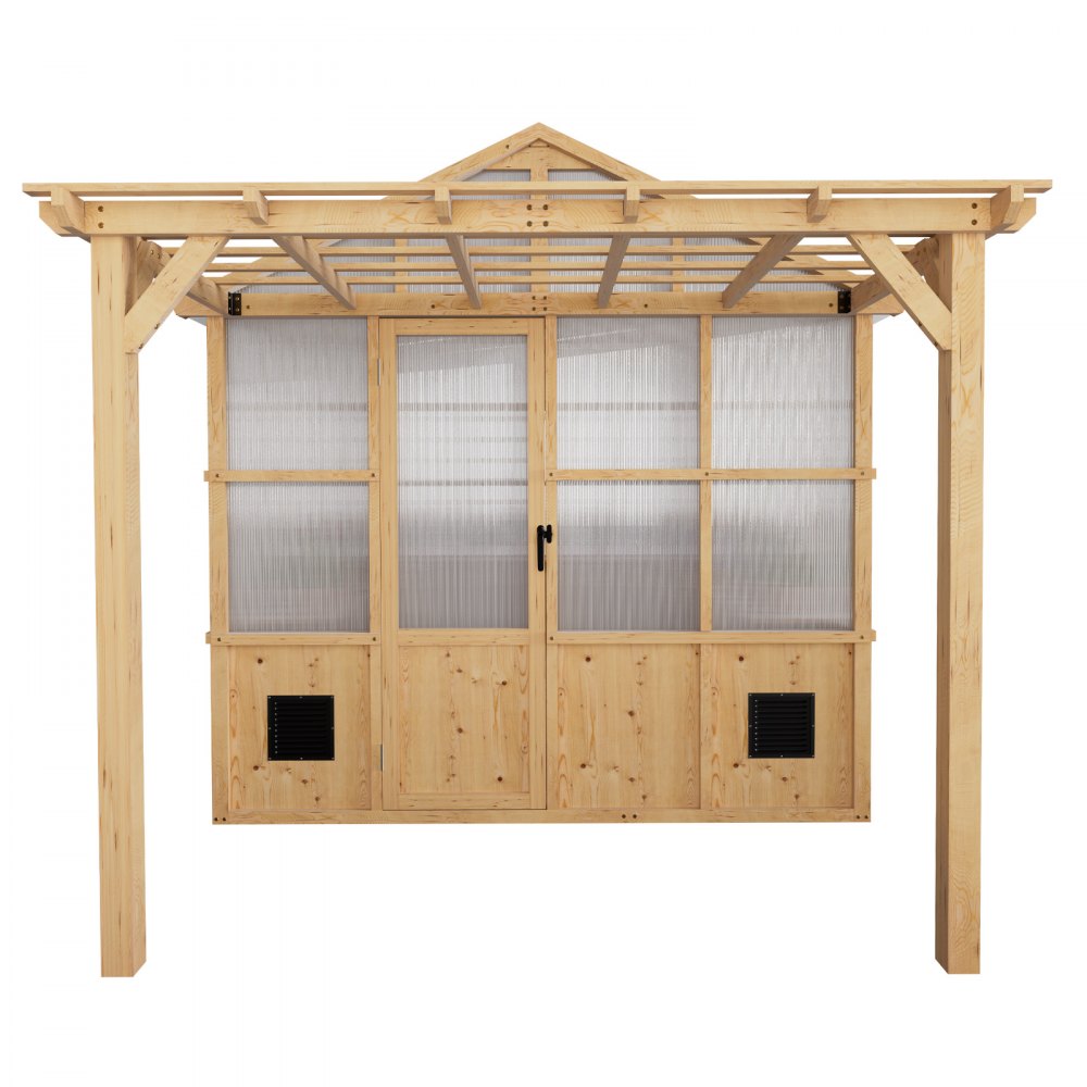 VEVOR Wooden Greenhouse 8'x14' Fir Wood Walk-In Greenhouse Kit with Pergola, for Outdoor Garden Backyard, Heavy Duty Green House with Polycarbonate Panels, Foldable Shelves, Tool Rails & Lockable Door
