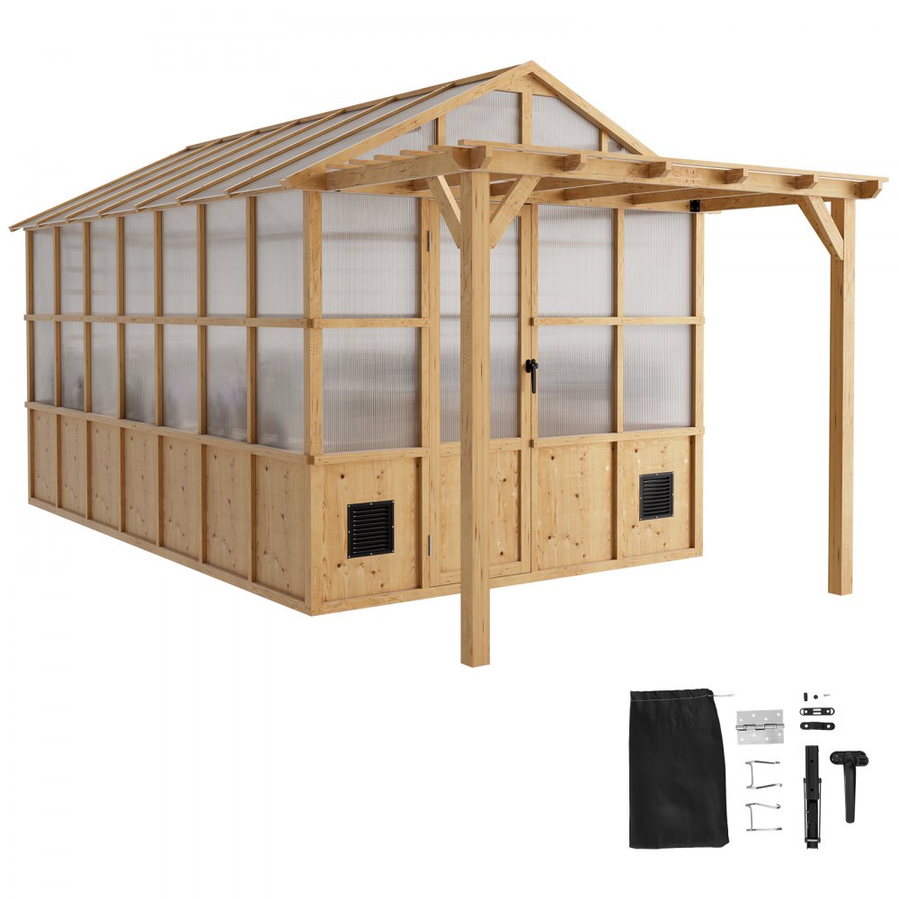 VEVOR Wooden Greenhouse 8'x14' Fir Wood Walk-In Greenhouse Kit with Pergola, for Outdoor Garden Backyard, Heavy Duty Green House with Polycarbonate Panels, Foldable Shelves, Tool Rails & Lockable Door