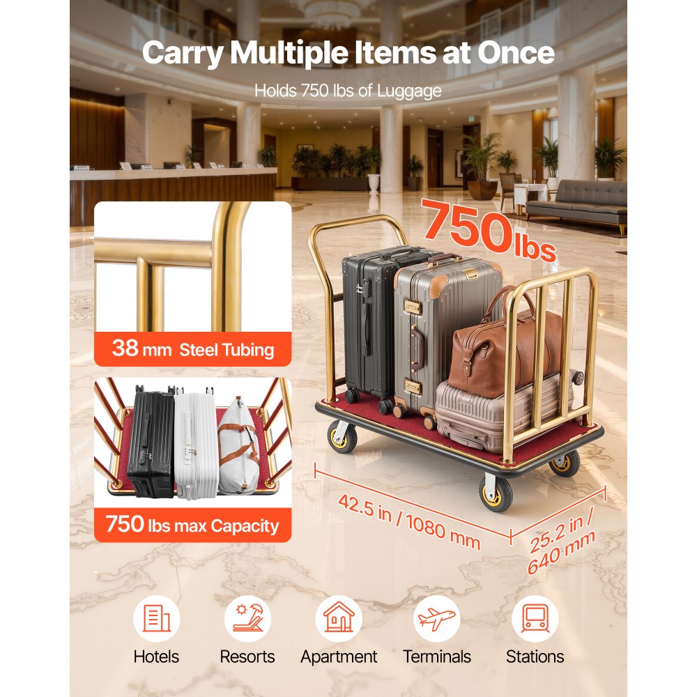VEVOR Hotel Luggage Cart, 750 lbs Heavy Duty Bellman Cart with Stainless Steel Frame, 6 in Rubber Wheels, Red Carpeted Deck, Commercial Luggage Carrier Rolling Trolley for Hotels, Resorts, Gold