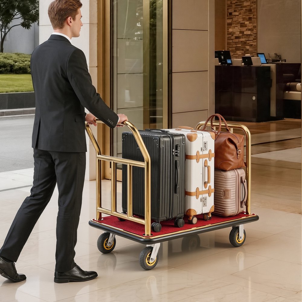 VEVOR Hotel Luggage Cart, 750 lbs Heavy Duty Bellman Cart with Stainless Steel Frame, 6 in Rubber Wheels, Red Carpeted Deck, Commercial Luggage Carrier Rolling Trolley for Hotels, Resorts, Gold