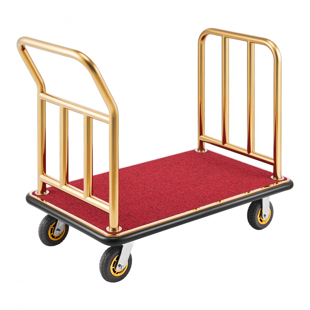 VEVOR Hotel Luggage Cart, 750 lbs Heavy Duty Bellman Cart with Stainless Steel Frame, 6 in Rubber Wheels, Red Carpeted Deck, Commercial Luggage Carrier Rolling Trolley for Hotels, Resorts, Gold