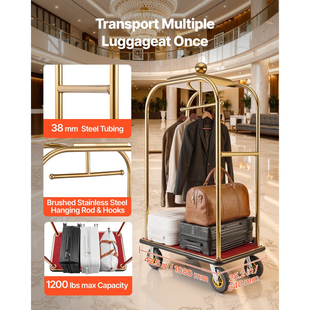 VEVOR Hotel Luggage Cart, 1200 lbs Heavy Duty Bellman Cart with Stainless Steel Frame, 8 in Rubber Wheels, Red Carpeted Deck, Commercial Luggage Carrier Rolling Trolley for Hotels, Resorts, Gold