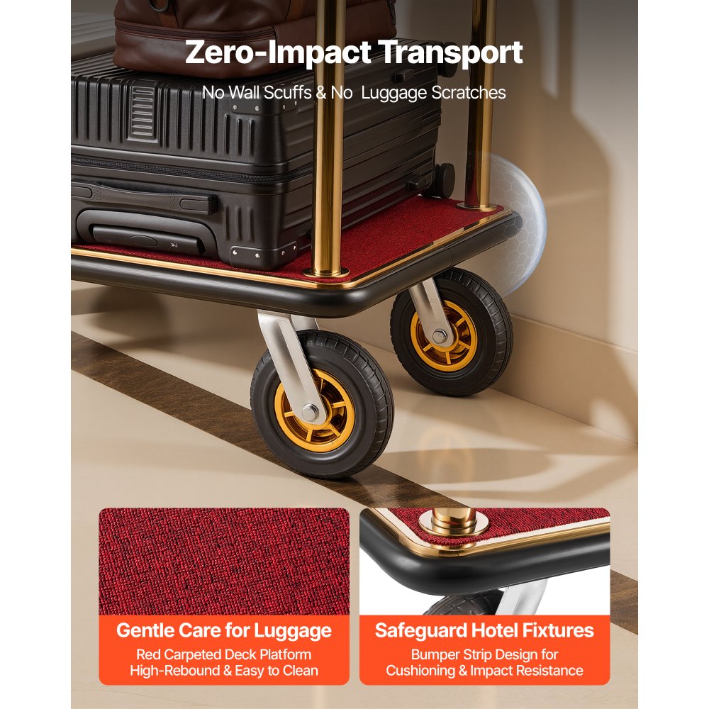 VEVOR Hotel Luggage Cart, 1200 lbs Heavy Duty Bellman Cart with Stainless Steel Frame, 8 in Rubber Wheels, Red Carpeted Deck, Commercial Luggage Carrier Rolling Trolley for Hotels, Resorts, Gold