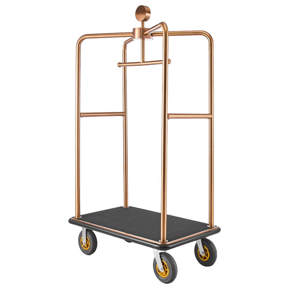 VEVOR Hotel Luggage Cart, 1200 lbs Heavy Duty Bellman Cart with Stainless Steel Frame, 8 in Rubber Wheels, Black Carpeted Deck, Commercial Luggage Carrier Rolling Trolley for Hotels,Resorts, Rose Gold