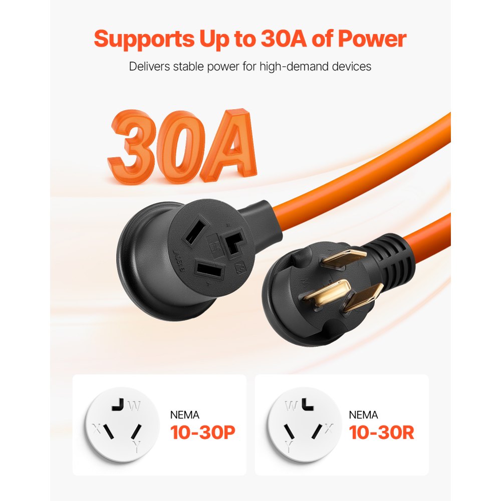 VEVOR 25 ft Dryer Extension Cord, 3-Prong NEMA 10-30P to 10-30R Dryer Cord, 125V/250V STW 10AWG/3C, 30A, Pure Copper Wire Cable with Black Non-woven Bag and PVC Cable Tie, Ideal for Indoor & Outdoor