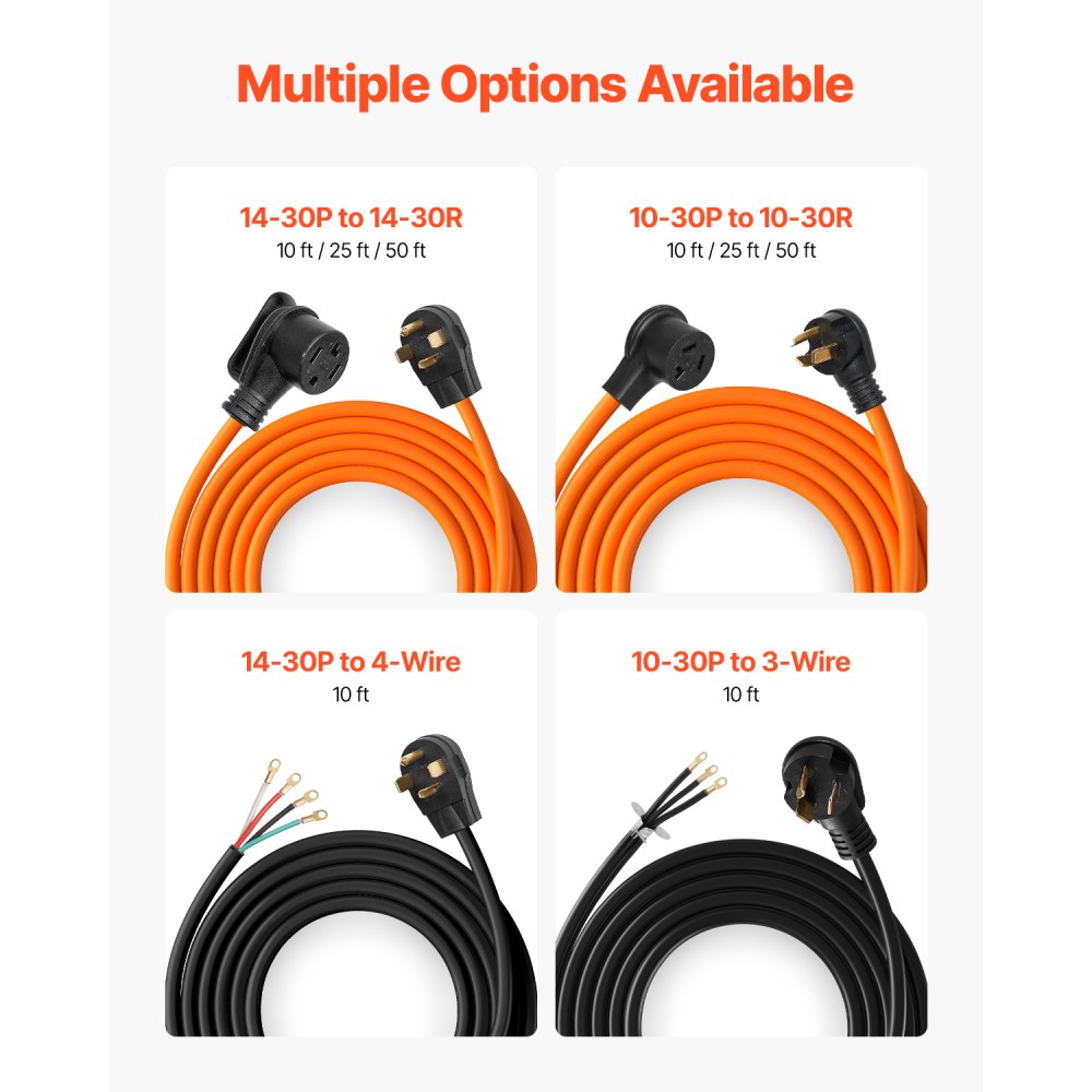 VEVOR 25 ft Dryer Extension Cord, 3-Prong NEMA 10-30P to 10-30R Dryer Cord, 125V/250V STW 10AWG/3C, 30A, Pure Copper Wire Cable with Black Non-woven Bag and PVC Cable Tie, Ideal for Indoor & Outdoor