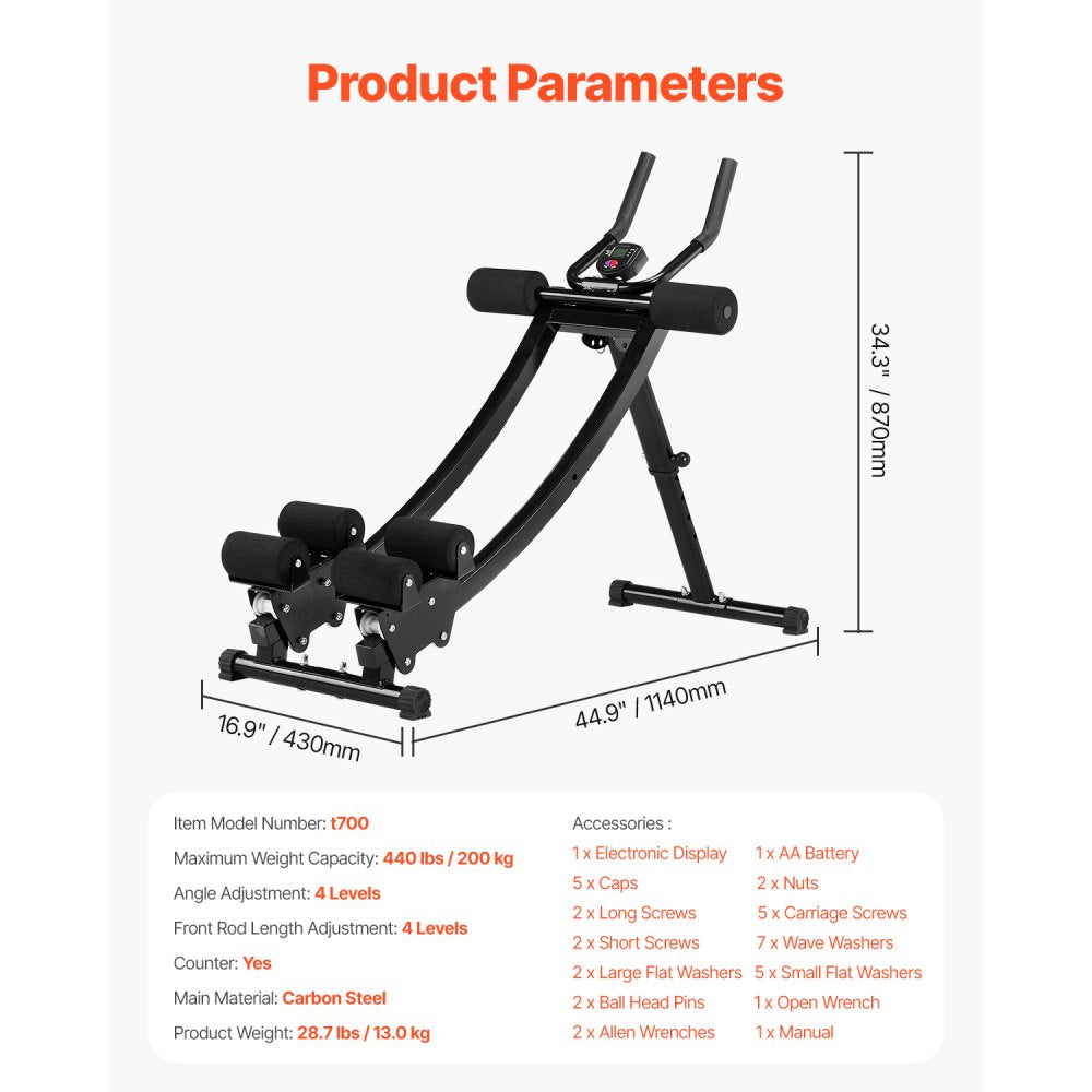 VEVOR AB Workout Machine, Dual-track Ab Workout Equipment at Home Gym, Core & Abdominal Trainers for Women, 440 lbs Weight Capacity Strength Training Ab Cruncher, Foldable Adjustable Fitness Exerciser