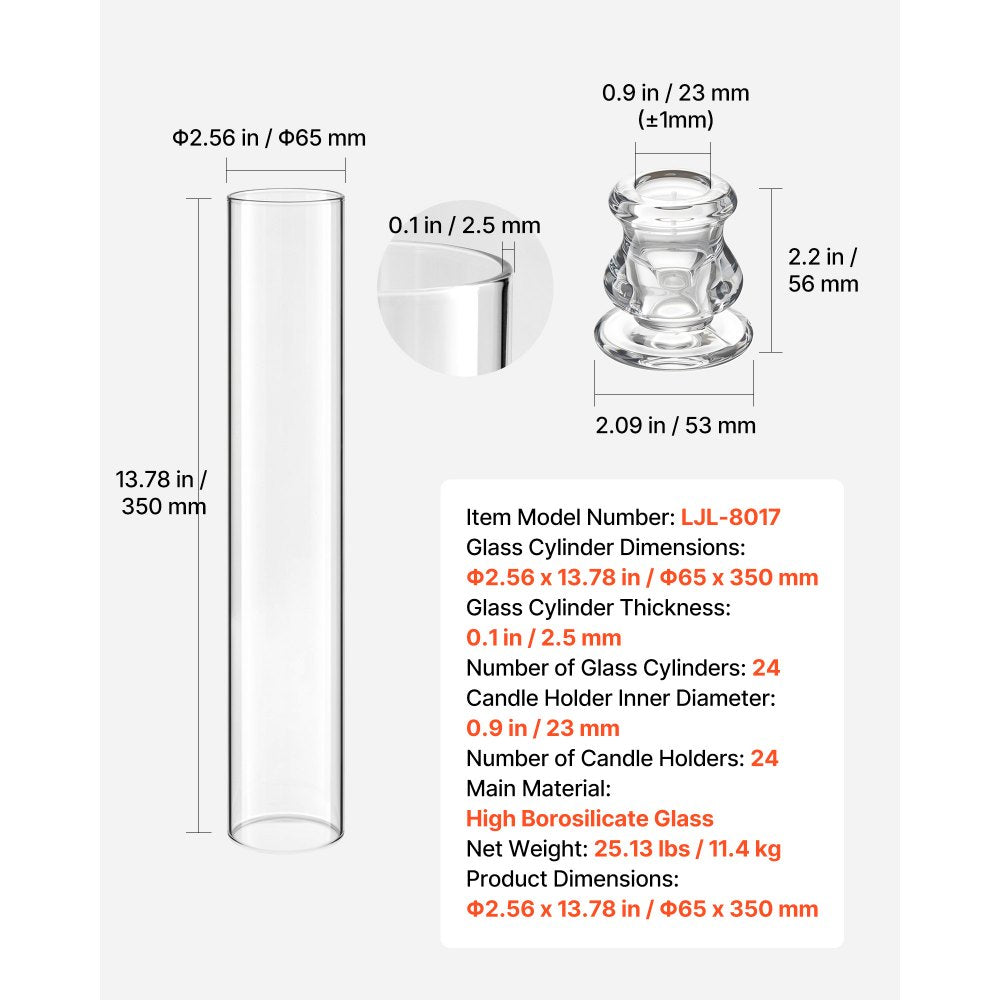 VEVOR Hurricane Candle Holders Set of 24, Φ2.56 x 13.78 in Tall Clear Glass Cylinder Candleholder Sleeve, High Borosilicate Glass, Wind Protection for Wedding, Table Centerpiece, Party, Home Decor