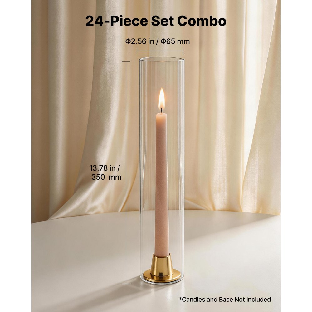 VEVOR Hurricane Glass Cylinders Set of 24, Φ2.56 x 13.78 in Tall Clear Glass Candle Covers, High Borosilicate Glass Sleeves for Pillar Candles, Wedding Centerpieces, Home Decor, Party, Wind Protection