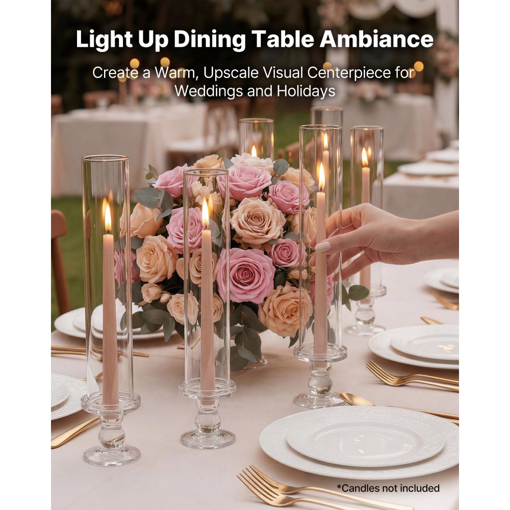 VEVOR Hurricane Candle Holders Set of 24, 12.6 in Tall Clear Glass Taper Candle Holders, High Borosilicate Glass, 2.36 in Cylinder for Wedding, Table Centerpiece, Party, Home Decor, Wind Protection