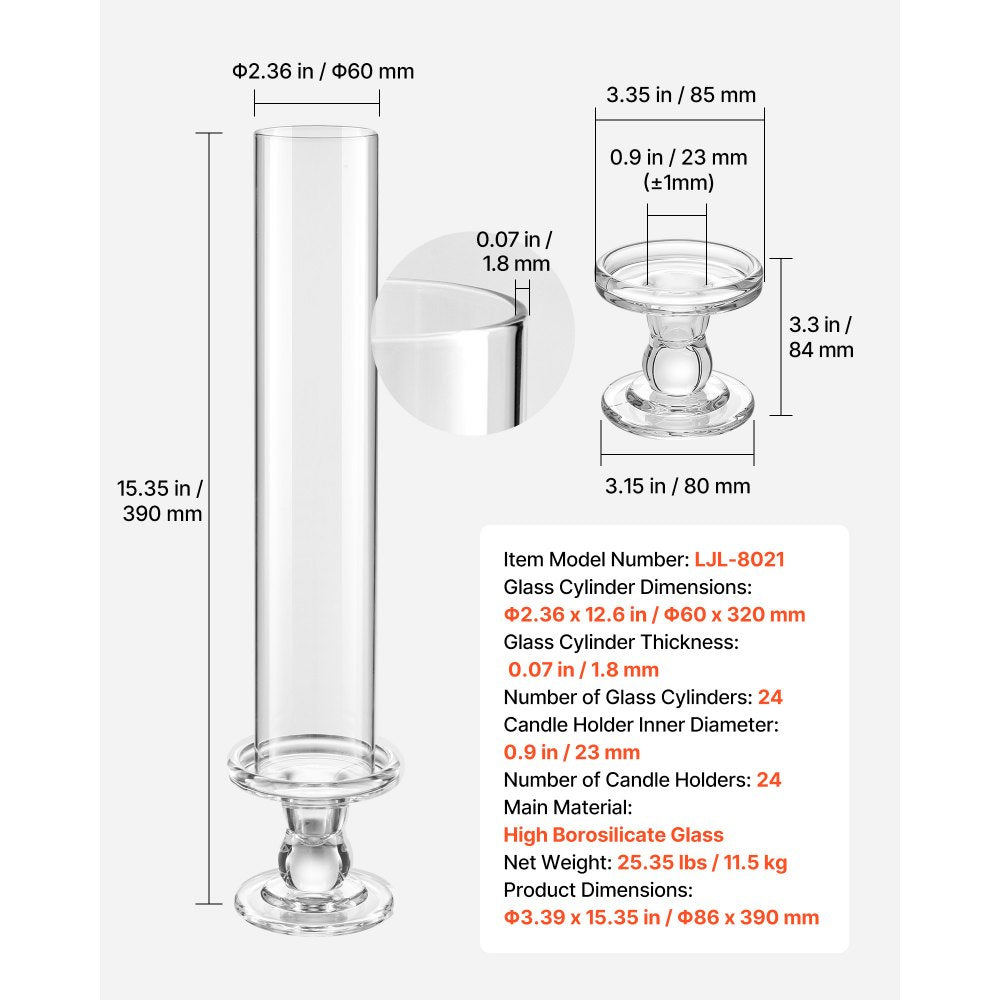 VEVOR Hurricane Candle Holders Set of 24, 12.6 in Tall Clear Glass Taper Candle Holders, High Borosilicate Glass, 2.36 in Cylinder for Wedding, Table Centerpiece, Party, Home Decor, Wind Protection