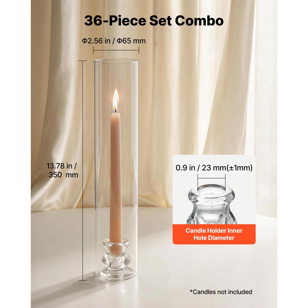 VEVOR Hurricane Candle Holders Set of 36, Φ2.56 x 13.78 in Tall Clear Glass Cylinder Candleholder Sleeve, High Borosilicate Glass, Wind Protection for Wedding, Table Centerpiece, Party, Home Decor