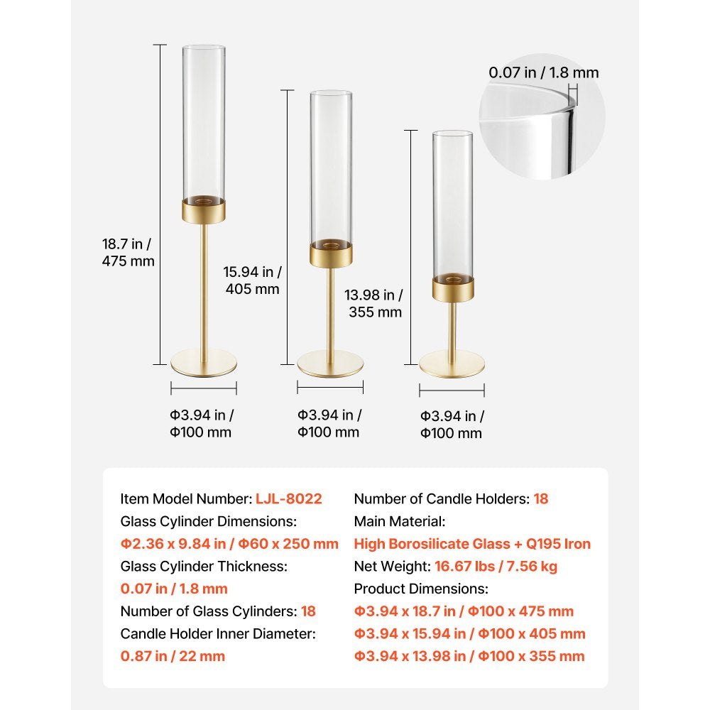 VEVOR Hurricane Candle Holders Set of 18, Gold Metal Stand with Clear Glass Cylinders, Elegant Tiered Centerpieces Wind Protection for Wedding, Table Centerpieces, Party, Home Decor, Modern Style