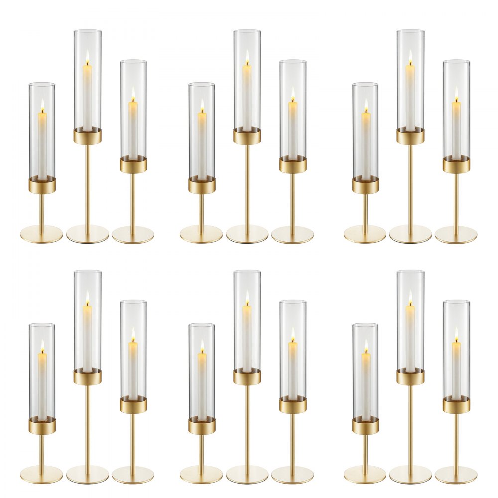VEVOR Hurricane Candle Holders Set of 18, Gold Metal Stand with Clear Glass Cylinders, Elegant Tiered Centerpieces Wind Protection for Wedding, Table Centerpieces, Party, Home Decor, Modern Style
