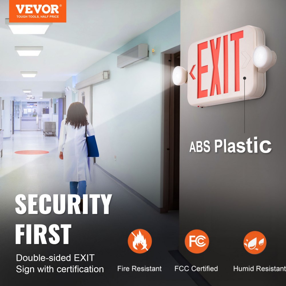 VEVOR LED Exit Sign with Emergency Lights, Two LED Adjustable Heads Emergency Exit Light with Battery Backup, Combo Red Letter Fire Exit Lighting, Commercial Exit Signs
