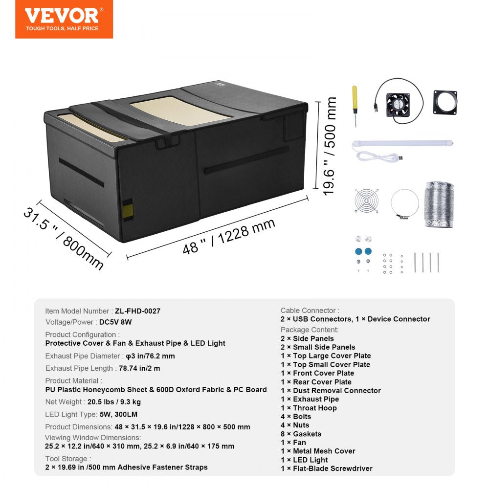 VEVOR Laser Engraver Enclosure, 48 x 31.5 x 19.6", Dual-Direction Viewing, Flame Retardant and Fireproof Protective Cover, with Exhaust Fan and Pipe, Insulates Smoke, Noise and Eye Protection