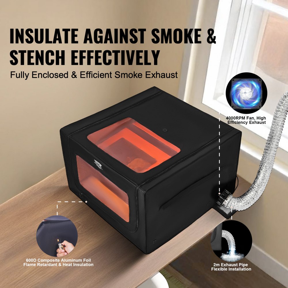 VEVOR Laser Engraver Enclosure, 31.5 x 31.5 x 19.6", Dual-Direction Viewing, Flame Retardant and Fireproof Protective Cover, with Exhaust Fan and Pipe, Insulates Smoke, Noise and Eye Protection