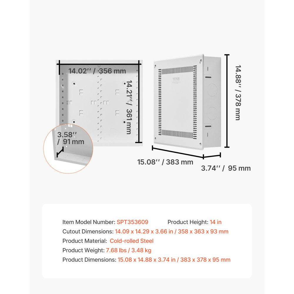VEVOR Structured Media Enclosure, 14-Inch, Recessed in-Wall Media Box with Cover, Wall-Mount Cable Management Box Kit, Structured Wiring Multi-Media Cabinet, Cold-Rolled Steel, for TV Home Theater