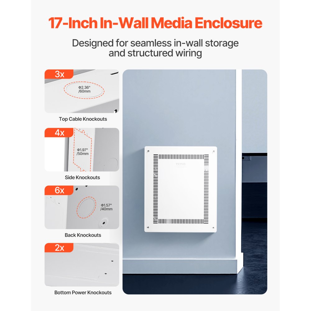 VEVOR Structured Media Enclosure, 17-Inch, Recessed in-Wall Media Box with Cover, Wall-Mount Cable Management Box Kit, Structured Wiring Multi-Media Cabinet, Cold-Rolled Steel, for TV Home Theater