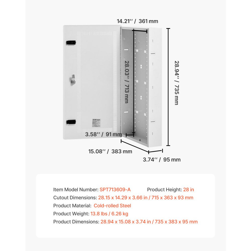 VEVOR Media Enclosure, 28-Inch, Structured Media Center with Vented Hinged Door, Cable Management Box, Structured Wiring Multi-Media Cabinet, Recessed Electrical Media Box, for Network Distribution
