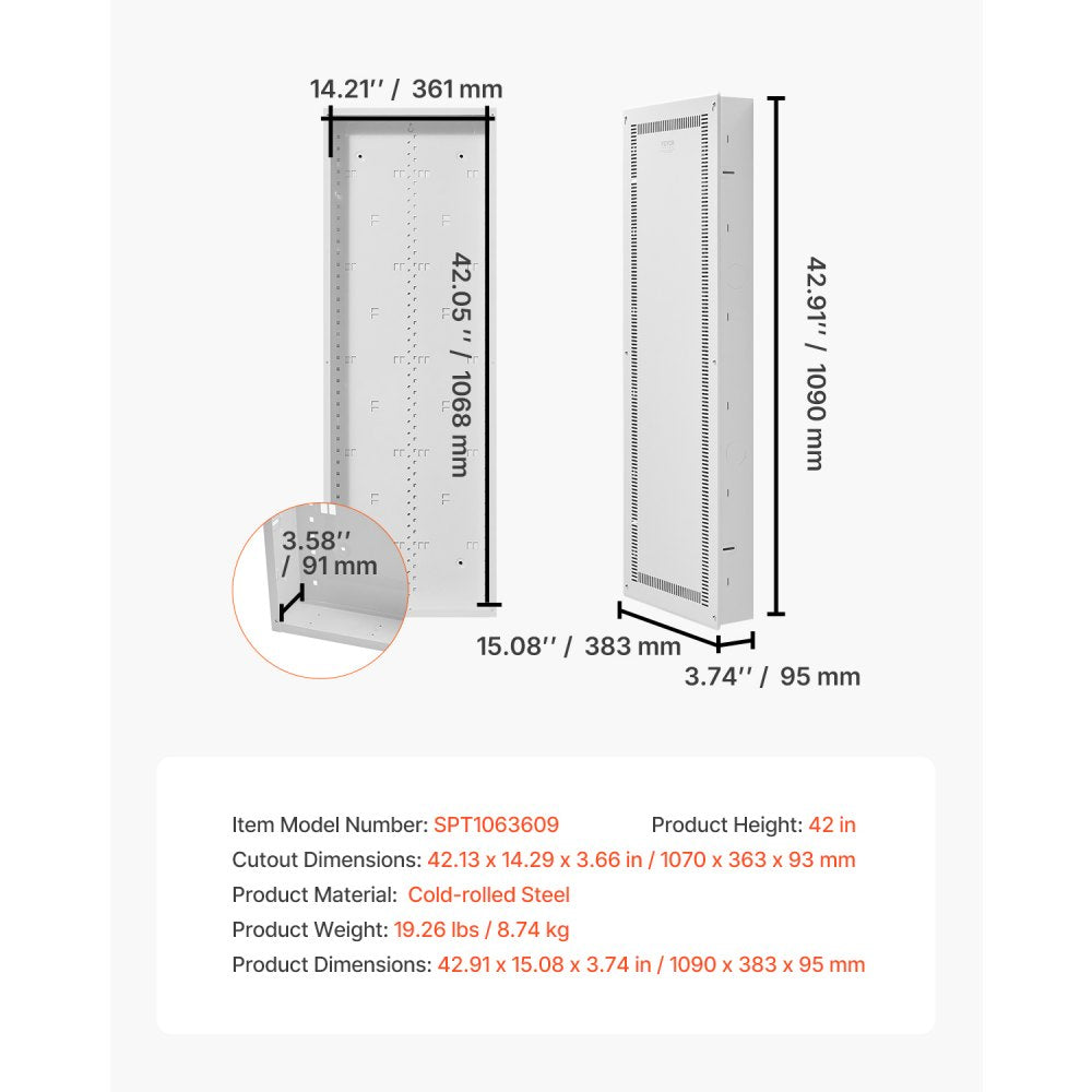 VEVOR Structured Media Enclosure, 42-Inch, Recessed in-Wall Media Box with Cover, Wall-Mount Cable Management Box Kit, Structured Wiring Multi-Media Cabinet, Cold-Rolled Steel, for TV Home Theater