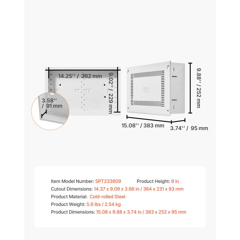 VEVOR Structured Media Enclosure, 9-Inch, Recessed in-Wall Media Box with Cover, Wall-Mount Cable Management Box Kit, Structured Wiring Multi-Media Cabinet, Cold-Rolled Steel, for TV Home Theater