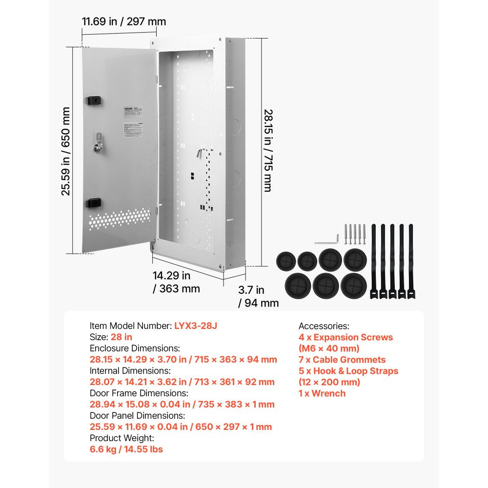 VEVOR Structured Media Enclosure 28-Inch Wiring Cabinet with Hinged Cover, In Wall Cable Management Network Box, Cold-Rolled Steel, Recessed Electrical Multi-Media Cabinet, Flush or Surface Mount