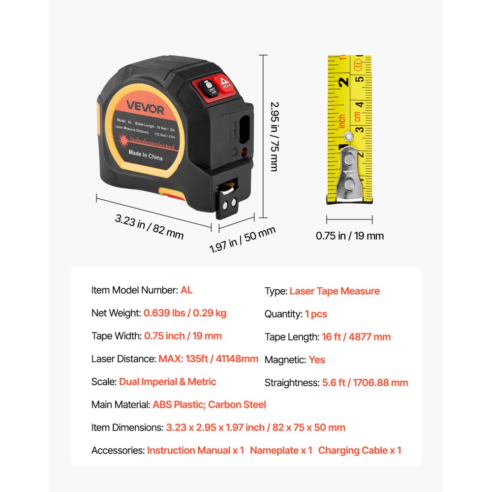VEVOR 2-in-1 Laser Tape Measure, 135Ft Rechargeable Laser Measurement Tool & 16Ft Measuring Tape with Magnetic, 4 Modes-Length, Area, Volume, Continuous,ft/in/m/ft+in Unit,for Outdoor,Decoration