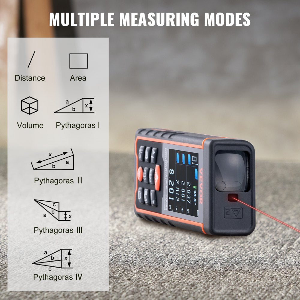 VEVOR Laser Measure, 328 ft, ±1/16'' Accuracy Laser Distance Measure with 100-Group Storage, ft/m/in/ft+in, 2.4'' Colorlit LCD Screen Laser Meter, Pythagorean Mode, Measure Distance, Area and Volume