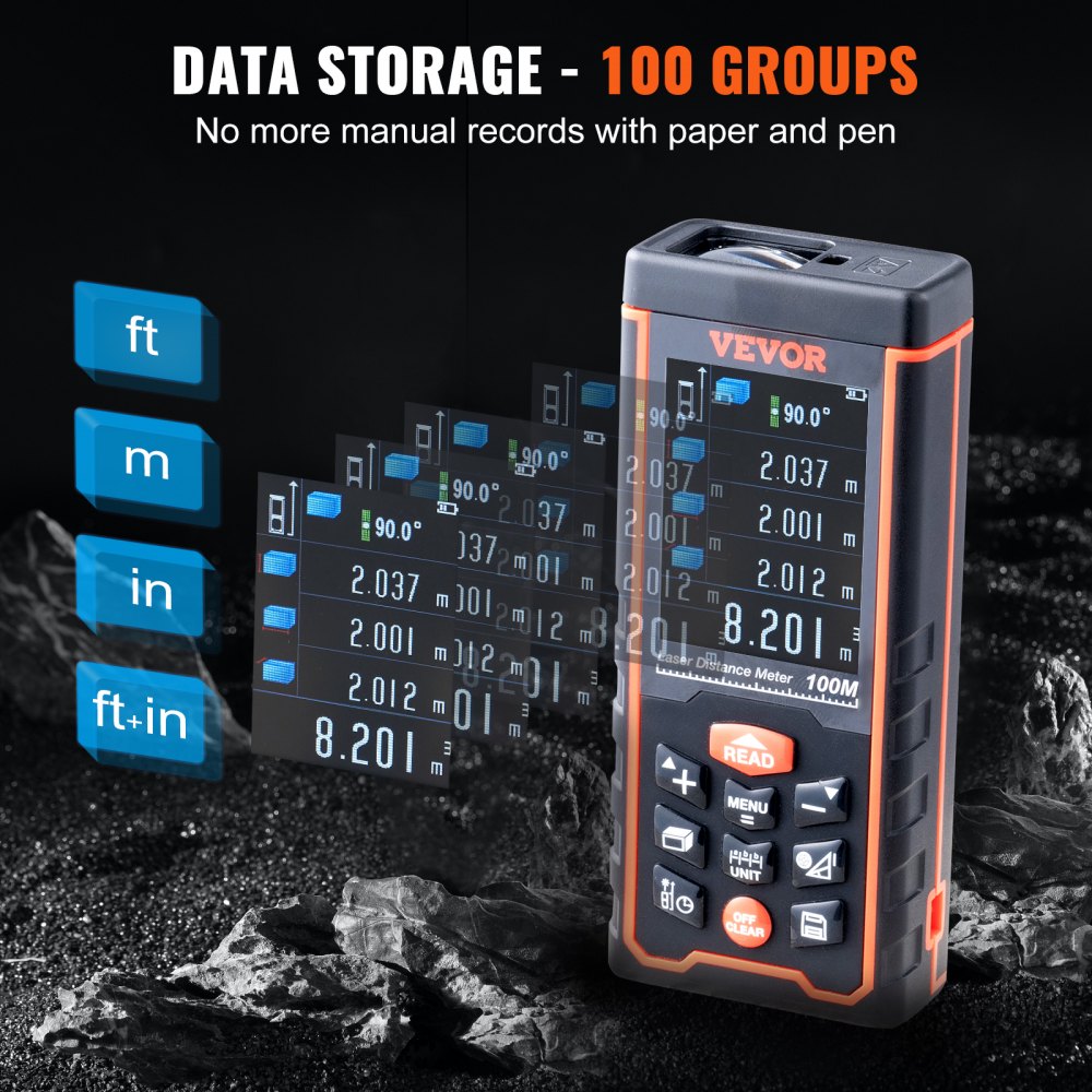 VEVOR Laser Measure, 328 ft, ±1/16'' Accuracy Laser Distance Measure with 100-Group Storage, ft/m/in/ft+in, 2.4'' Colorlit LCD Screen Laser Meter, Pythagorean Mode, Measure Distance, Area and Volume