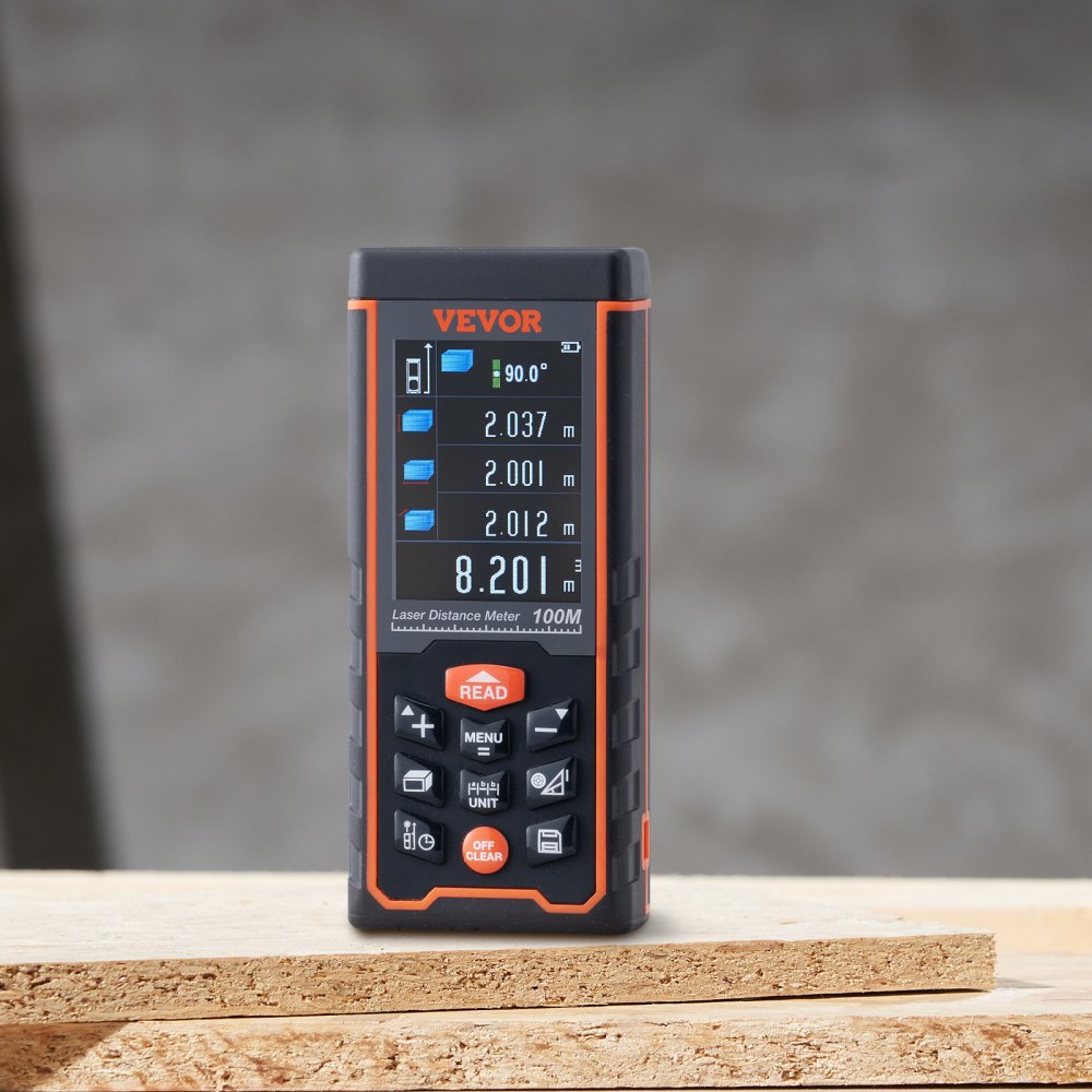 VEVOR Laser Measure, 328 ft, ±1/16'' Accuracy Laser Distance Measure with 100-Group Storage, ft/m/in/ft+in, 2.4'' Colorlit LCD Screen Laser Meter, Pythagorean Mode, Measure Distance, Area and Volume