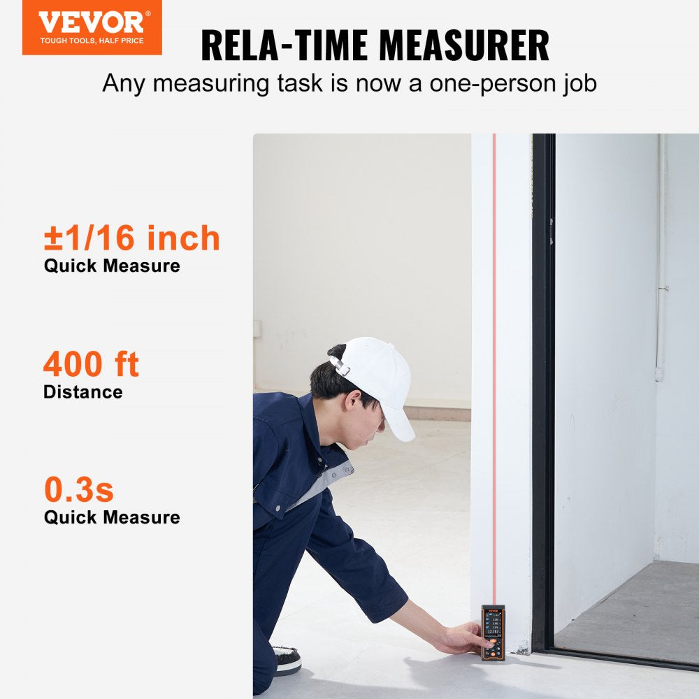 VEVOR Laser Measure, 400 ft, ±1/16'' Accuracy Laser Distance Measure with 100-Group Storage, ft/m/in/ft+in, 2.4'' Colorlit LCD Screen Laser Meter, Pythagorean Mode, Measure Distance, Area and Volume