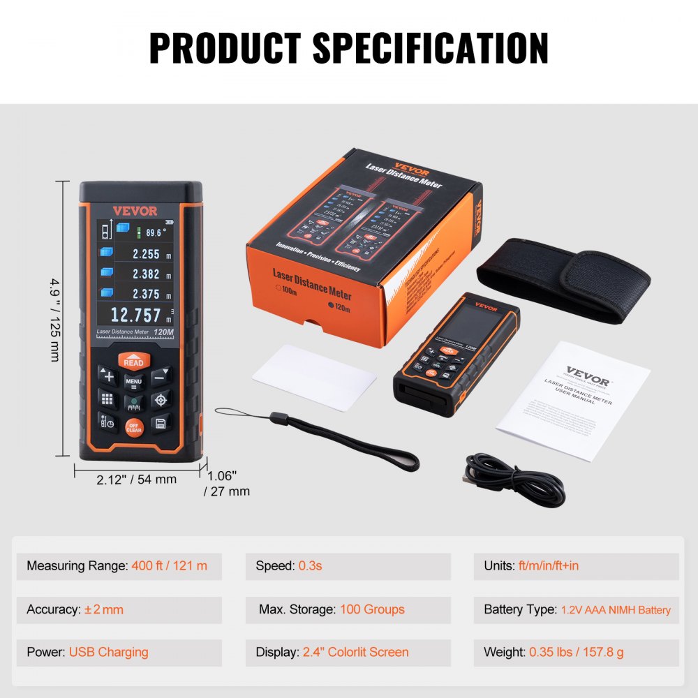 VEVOR Laser Measure, 400 ft, ±1/16'' Accuracy Laser Distance Measure with 100-Group Storage, ft/m/in/ft+in, 2.4'' Colorlit LCD Screen Laser Meter, Pythagorean Mode, Measure Distance, Area and Volume